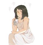  ammeja animated animated_gif bare_shoulders black_hair boku_no_hero_academia brown_eyes chromatic_aberration dress freckles kodai_yui milk nail_polish simple_background sitting smoke solo upper_body white_background 