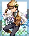  adjusting_clothes adjusting_hat alternate_costume badge black_hair black_pants brown_eyes brown_gloves brown_hair brown_hat button_badge fingerless_gloves gears gloves green_neckwear hand_on_hip hat kanimaru looking_at_viewer male_focus necktie pants poke_ball_symbol pokemon pokemon_(anime) satoshi_(pokemon) solo standing standing_on_one_leg vest 