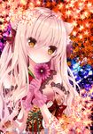  abstract_background animal_ears autumn_leaves bad_id bad_pixiv_id bare_shoulders blonde_hair blush bow breasts brown_eyes cat_ears closed_mouth commentary_request detached_sleeves eyebrows_visible_through_hair flower flower_request gloves gradient_hair green_ribbon hair_between_eyes hair_bow head_tilt holding holding_flower japanese_clothes kimono lace_trim leaf_print light_particles long_hair long_sleeves looking_at_viewer medium_breasts multicolored_hair nanase_kureha nanase_nao original pink_gloves pink_hair red_bow reflective_eyes ribbon shiny shiny_hair sleeveless sleeveless_kimono solo tareme upper_body very_long_hair w_arms wavy_hair 