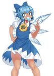  blue_dress blue_eyes blue_hair cirno commentary_request dress fang flower food food_in_mouth hair_ribbon hidden_star_in_four_seasons highres ice ice_wings icicle looking_at_viewer popsicle ribbon short_hair solo space_jin sunflower sweat tan tanned_cirno touhou white_background wings 