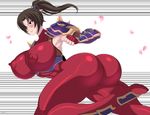  1girl ass blush bodysuit breasts brown erect_nipples gauntlets hair_over_one_eye huge_breasts kunoichi namco nipples purple_bodysuit shoulder_pads soul_calibur taki_(soulcalibur) zetarok 