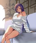  bare_shoulders blue_hair blush breasts brown_eyes cleavage closed_mouth collarbone couch final_fantasy final_fantasy_vii finger_to_mouth head_tilt highres large_breasts light_smile long_hair looking_at_viewer naked_sweater off_shoulder revision ribbed_sweater sitting sleeves_past_wrists smile solo suuitchi sweater tifa_lockhart very_long_hair 