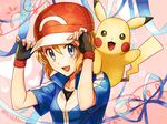  blonde_hair blue_eyes cosplay fingerless_gloves gen_1_pokemon gloves hat jacket kanimaru pikachu pokemon pokemon_(anime) pokemon_(creature) pokemon_xy_(anime) ribbon satoshi_(pokemon) satoshi_(pokemon)_(cosplay) serena_(pokemon) short_hair 
