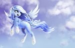  blue_eyes blue_feathers blue_fur blue_hair cutie_mark equine eyelashes fan_character feathers female feral flying fur hair hooves l1nkoln mammal my_little_pony open_mouth pegasus sky smile solo teeth tongue wings 