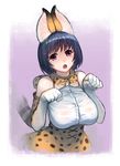  :o animal_ears black_hair blush bow bowtie breasts cosplay elbow_gloves fang gamerag gloves hair_ornament hairclip hanekawa_tsubasa kemono_friends large_breasts looking_at_viewer monogatari_(series) open_mouth paw_pose purple_eyes serval_(kemono_friends) serval_(kemono_friends)_(cosplay) serval_ears serval_print serval_tail shirt short_hair skirt sleeveless sleeveless_shirt solo tail trait_connection 