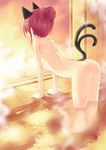  animal_ears arm_support ass bent_over breasts cat_ears cat_tail from_behind hair_bun hidden_face kaenbyou_rin minamura_haruki nude onsen red_hair sideboob small_breasts solo steam tail touhou wading wet 