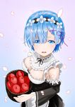  apple basket blue_eyes blue_hair blush breasts detached_sleeves dress food frills from_above from_side fruit hair_ornament hair_over_one_eye highres looking_at_viewer maid maid_headdress medium_breasts open_mouth parsue re:zero_kara_hajimeru_isekai_seikatsu rem_(re:zero) revision short_hair solo x_hair_ornament 
