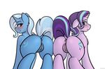  2017 anus blush butt dock duo equine female feral friendship_is_magic hair horn looking_back mammal multicolored_hair my_little_pony piecee01 presenting pussy raised_tail rear_view simple_background smile standing starlight_glimmer_(mlp) trixie_(mlp) unicorn white_background 