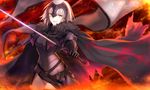  &gt;:) armor armored_dress bangs black_dress breasts cape chain commentary_request cowboy_shot dress fate/grand_order fate_(series) faulds flag foreshortening fur_trim gauntlets headpiece highres holding holding_sword holding_weapon jeanne_d'arc_(alter)_(fate) jeanne_d'arc_(fate)_(all) large_breasts looking_at_viewer parted_lips short_hair silver_hair smile solo sword v-shaped_eyebrows weapon wowishi yellow_eyes 