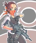  assault_rifle bandana_over_mouth black_gloves breasts cleavage commentary english_commentary exalt_operative folded_ponytail g36c gloves green_eyes gun jarv looking_at_viewer medium_breasts red_hair rifle sleeves_rolled_up striped_bandana trigger_discipline vest weapon x-com 