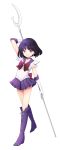  1girl absurdres arm_up bishoujo_senshi_sailor_moon black_hair boots choker circlet commentary_request elbow_gloves gloves highres kiyomiya_ryou knee_boots leotard miniskirt pleated_skirt polearm purple_eyes purple_footwear purple_skirt sailor_saturn sailor_senshi sailor_senshi_uniform short_hair silence_glaive simple_background skirt solo tomoe_hotaru weapon white_background white_gloves white_leotard 