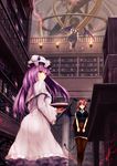  ass bangs black_legwear blue_ribbon book bookshelf breasts capelet demon_tail demon_wings dual_persona fire hat hat_ribbon head_wings highres holding holding_book indoors koakuma large_breasts library long_hair long_sleeves looking_at_viewer mob_cap mop multiple_girls patchouli_knowledge pencil_skirt purple_eyes purple_hair red_eyes red_hair red_ribbon ribbon short_sleeves sinkai skirt smile standing tail thighhighs torch touhou tray wide_sleeves wings 