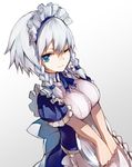  apron blue_dress blue_eyes braid breasts commentary_request dress highres izayoi_sakuya large_breasts looking_at_viewer maid maid_headdress nuqura one_eye_closed puffy_short_sleeves puffy_sleeves revision short_hair short_sleeves silver_hair solo touhou twin_braids underbust waist_apron 