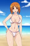  beach bikini blush breasts brown_eyes brown_hair cameltoe circle_echime day earrings girls_und_panzer groin highres jewelry large_breasts looking_at_viewer navel nishizumi_miho ocean open_mouth outdoors solo swimsuit white_bikini 