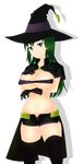  absurdres bangs black_legwear breast_suppress breasts capelet cowboy_shot gloves green_eyes green_hair hat highres large_breasts legs_apart long_hair looking_at_viewer micro_shorts narrow_waist navel shorts smile solo standing thighhighs transparent_background witch witch_hat 