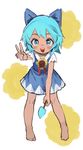  :d barefoot blue_eyes blue_hair blush bow cirno dress flower food hair_bow hidden_star_in_four_seasons open_mouth oreoppi popsicle short_dress short_hair smile solo sunflower tan tanned_cirno touhou v 