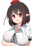  :o bad_id bad_pixiv_id black_hair blush breast_hold breasts brown_hair collared_shirt hat highres large_breasts looking_at_viewer open_mouth pointy_ears red_eyes shameimaru_aya shirt short_hair solo tokin_hat touhou upper_body white_background yusake_san 