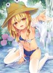  :d arm_up armpits bikini blonde_hair blush breasts brown_eyes day detached_sleeves eyebrows_visible_through_hair hair_over_breasts hat kedama_milk moriya_suwako nipples o-ring o-ring_bikini open_mouth outdoors outstretched_arm outstretched_hand partially_submerged pyonta shirt sitting small_breasts smile solo swimsuit thighhighs touhou untied untied_bikini wariza water waterfall wet wet_clothes wet_shirt white_legwear wide_sleeves 