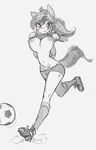  2017 5_fingers anthro ball big_breasts bike_shorts breasts cleats clothed clothing clothing_lift cutie_mark digital_media_(artwork) equine exposed_breasts face_paint feathers female football_(ball) friendship_is_magic hair kneesocks legwear looking_at_viewer mammal monochrome my_little_pony navel nipples oughta_(artist) pegasus pink_eyes rainbow_dash_(mlp) running shirt shirt_lift shorts simple_background smile socks solo solo_focus sport white_background wings 