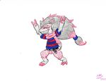  2017 anthro belt black_hair canine claws clothed clothing duck_hunt_dog_(artist) eyes_closed fan_character fox fur grey_fur hair male mammal multicolored_hair nintendo pok&eacute;mon ponytail red_hair scarf shirt shorts simple_background smile solo standing traditional_media_(artwork) video_games zoroark 