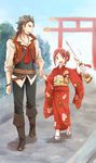  1boy 1girl beard belt blue_eyes blush boots brown_eyes child eguille_(tales) flower grey_hair hair_ornament japanese_clothes kimono necklace open_mouth pants red_hair rose_(tales) short_hair tales_of_(series) tales_of_zestiria vest 