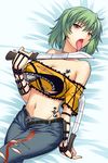 bare_shoulders blush breast_tattoo breasts brown_eyes cleavage collarbone commentary_request crop_top denim dual_wielding green_hair hikage_(senran_kagura) holding holding_weapon jeans large_breasts licking licking_weapon looking_at_viewer lowres lying machete miyashiro_sousuke navel off-shoulder_shirt on_back open_mouth pants senran_kagura senran_kagura_shoujo-tachi_no_shin'ei shirt short_hair solo stomach tattoo tongue tongue_out torn_clothes torn_jeans torn_pants weapon 