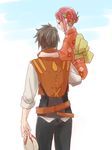  1boy 1girl belt black_eyes eguille_(tales) flower grey_hair hair_ornament japanese_clothes kimono open_mouth pants red_hair rose_(tales) short_hair tales_of_(series) tales_of_zestiria vest 