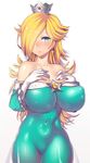  bare_shoulders blonde_hair blue_dress blue_eyes blush breasts cleavage covered_navel covered_nipples crown dress flipped_hair gloves hair_over_one_eye hands_on_own_chest huge_breasts impossible_clothes long_hair looking_at_viewer mario_(series) nagase_haruhito rosetta_(mario) simple_background skin_tight solo super_mario_bros. super_mario_galaxy white_background white_gloves 