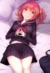  bag bed black_serafuku fate/extra fate/extra_ccc fate/grand_order fate_(series) fujimaru_ritsuka_(female) haruka_natsuki lying midriff_peek navel on_back one_side_up orange_hair pillow pleated_skirt school_uniform serafuku skirt solo tsukumihara_academy_uniform_(fate/extra_ccc) yellow_eyes 