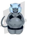  anthro belly big_belly big_breasts blue_hair blue_lips bra breasts cat clothing dwps eyes_closed feline female hair mammal navel simple_background slightly_chubby solo underwear whiskers 