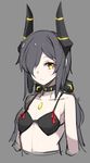  aosora_kamiya arms_at_sides bikini black_bikini black_bikini_top black_hair closed_mouth collarbone flat_chest grey_background hair_over_one_eye highres horns long_hair looking_at_viewer low_twintails original simple_background sketch solo swimsuit twintails yellow_eyes 