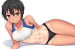  abs black_hair breasts brown_eyes crop_top hair_between_eyes hashi looking_at_viewer lying medium_breasts midriff navel on_side original short_hair simple_background smile solo sports_bikini tan tanline toned track_uniform white_background 