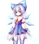  adapted_costume ahoge amanojaku blue_eyes blush bow cirno dress expressionless feather_skirt hair_bow ice ice_wings large_bow looking_at_viewer puffy_short_sleeves puffy_sleeves short_sleeves silver_hair solo thighhighs touhou wings zettai_ryouiki 