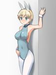  1girl animal_ears blonde_hair blue_eyes blush breasts bunny_ears bunnysuit erect_nipples large_breasts nikka_edvardine_katajainen smile solo strike_witches world_witches_series 