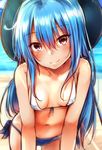  bare_shoulders beach bikini blue_bikini_bottom blue_hair blush breasts closed_mouth collarbone commentary_request day eyebrows eyebrows_visible_through_hair front-tie_bikini front-tie_top hair_between_eyes hat head_tilt highres hinanawi_tenshi leaning_forward long_hair looking_at_viewer mismatched_bikini navel outdoors red_eyes sand side-tie_bikini sketch small_breasts smile solo standing swimsuit tan touhou water white_bikini_top yuhito_(ablbex) 