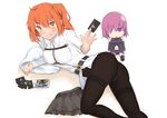  2girls :q artist_request ass belt blush breasts card cellphone command_seal doll fate/grand_order fate_(series) fujimaru_ritsuka_(female) google looking_at_viewer lying medium_breasts multiple_girls on_side orange_hair panties panties_under_pantyhose pantyhose purple_eyes purple_hair shielder_(fate/grand_order) short_hair side_ponytail sitting skirt smile sweatdrop tattoo tongue tongue_out yellow_eyes 