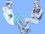  aqua_nails blonde_hair blue_eyes blue_hair boots cosplay costume_switch cowboy_boots crossed_arms crossed_legs hat heart johnny_joestar johnny_joestar_(cosplay) jojo_no_kimyou_na_bouken jojolion kira_yoshikage_(jojolion) kira_yoshikage_(jojolion)_(cosplay) male_focus multiple_boys nail_polish reammara sailor sailor_hat shoes sneakers spurs star star_print steel_ball_run vest 