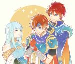 2girls ^_^ aqua_dress armor bangs bare_shoulders blue_armor blue_cape blue_eyes blue_hair blue_headband blunt_bangs blush cape closed_eyes closed_mouth dress eliwood eliwood_(fire_emblem) eyebrows_visible_through_hair eyes_closed family father_and_son fingerless_gloves fire_emblem fire_emblem:_fuuin_no_tsurugi fire_emblem:_rekka_no_ken fire_emblem_heroes gloves hair_between_eyes hair_ornament hands_up happy head_down headband highres husband_and_wife jewelry kazame light_blue_hair long_hair long_sleeves looking_at_another looking_down mamkute mother_and_son multiple_girls ninian nintendo open_mouth parted_lips preparing red_gloves red_hair roy_(fire_emblem) shiny shiny_hair short_hair short_sleeves sidelocks simple_background smile sparkle super_smash_bros. super_smash_bros._ultimate taiga_kazame tiara time_paradox twitter_username upper_body veil 
