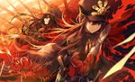  1girl belt black_hair brother_and_sister cape chain family_crest fate/grand_order fate_(series) flower gloves gun hat katana koha-ace long_hair military military_hat military_uniform oda_nobukatsu_(fate/grand_order) oda_nobunaga_(fate) oda_uri putting_on_gloves red_eyes rifle siblings smile sword uniform weapon white_gloves yunohito 