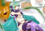  alternate_costume animal_ears claws cosplay dangerous_beast dragon_girl dragon_horns elbow_gloves fate/grand_order fate_(series) fur_trim gloves green_hair halloween_costume highres horns japanese_clothes kagari3 kimono kiyohime_(fate/grand_order) long_hair mash_kyrielight mash_kyrielight_(cosplay) navel o-ring o-ring_top pumpkin purple_legwear solo thighhighs yellow_eyes 