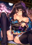  black_hair black_legwear black_panties blush breasts cherry_blossoms earrings feet flower green_eyes hair_flower hair_ornament highres idolmaster idolmaster_cinderella_girls japanese_clothes jewelry large_breasts long_hair looking_at_viewer moon night night_sky nipples no_shoes off_shoulder panties partially_visible_vulva rating shibuya_rin shiokonbu sitting sky smile spread_legs thighhighs underwear 