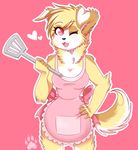  &lt;3 andogg anthro apron canine clothing female fur hair looking_at_viewer mammal open_mouth smile solo standing wide_hips 