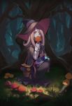  bag cloak doren dress forest hair_over_one_eye hat highres little_witch_academia long_hair luna_nova_school_uniform mushroom nature pale_skin pink_hair red_eyes satchel solo sucy_manbavaran witch witch_hat 