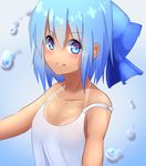  bad_id bad_pixiv_id blue_eyes blue_hair blush bow cirno hair_bow hidden_star_in_four_seasons highres ice looking_at_viewer no_wings short_hair simple_background smile solo strap_slip tan tank_top tanline tanned_cirno touhou upper_body water yusake_san 