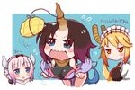  bangs bare_shoulders beads black_bow black_hair blonde_hair blue_eyes blunt_bangs blush bow bread breasts capelet commentary_request dragon_girl dragon_horns dragon_tail elma_(maidragon) eyebrows_visible_through_hair food frilled_capelet frills gradient_hair hair_beads hair_ornament hairband horn horns kanna_kamui kobayashi-san_chi_no_maidragon large_breasts lavender_hair long_hair low_twintails ma2acworks maid maid_headdress melon_bread multicolored_hair multiple_girls necktie open_mouth short_hair sweatdrop tail tooru_(maidragon) translated twintails yellow_eyes 