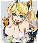  :d aqua_eyes bare_shoulders black_legwear blonde_hair breasts cleavage dress elbow_gloves fangs from_above gauntlets gene_(pso2) gloves hair_between_eyes halterneck headgear highres large_breasts long_hair looking_at_viewer looking_up open_mouth phantasy_star phantasy_star_online_2 short_dress sketch smile solo thighhighs twintails white_dress yajiro_masaru 