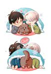  absurdres black_hair blanket blue_eyes brown_eyes chibi dog glasses hair_over_one_eye highres implied_kiss katsuki_yuuri makkachin male_focus multiple_boys open_mouth pony_(ponyco) silver_hair smile snowflakes tongue tongue_out viktor_nikiforov yaoi yuri!!!_on_ice 