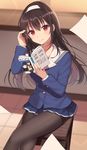  black_hair black_legwear blue_skirt book bookmark commentary_request crossed_legs eyebrows_visible_through_hair hairband highres izumo_neru kasumigaoka_utaha long_hair looking_at_viewer novel_(object) pantyhose reading red_eyes saenai_heroine_no_sodatekata sitting skirt solo white_hairband 