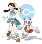  :d bare_arms black_hair blue_bow blue_eyes blue_neckwear bow bowtie breasts brown_footwear brown_skirt closed_mouth clothes_around_waist collared_shirt diamond_(shape) eyelashes floating froslass full_body gen_4_pokemon gym_leader hair_ornament highres ice legs_apart legs_up loafers long_hair long_sleeves looking_at_viewer medium_breasts miniskirt official_style open_mouth poke_ball pokemon pokemon_(creature) pokemon_(game) pokemon_dppt popped_collar shadow shirt shoes short_sleeves silver_eyes simple_background skirt smile standing standing_on_one_leg striped striped_legwear suzuna_(pokemon) tareme teru_zeta tongue twintails white_background white_shirt yellow_sclera 