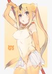  animal_ears arm_up bangle blonde_hair bracelet breasts brown_eyes circlet contrapposto covered_nipples cow_(shadow) cowboy_shot elbow_gloves gloves golden_snub-nosed_monkey_(kemono_friends) japari_symbol jewelry kemono_friends leotard long_hair medium_breasts monkey_ears monkey_tail polearm ponytail simple_background solo standing tail thighhighs weapon yellow_eyes yellow_legwear 